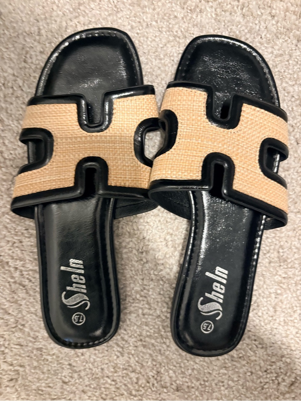 Black and Tan Woven Cutout Slide Sandals